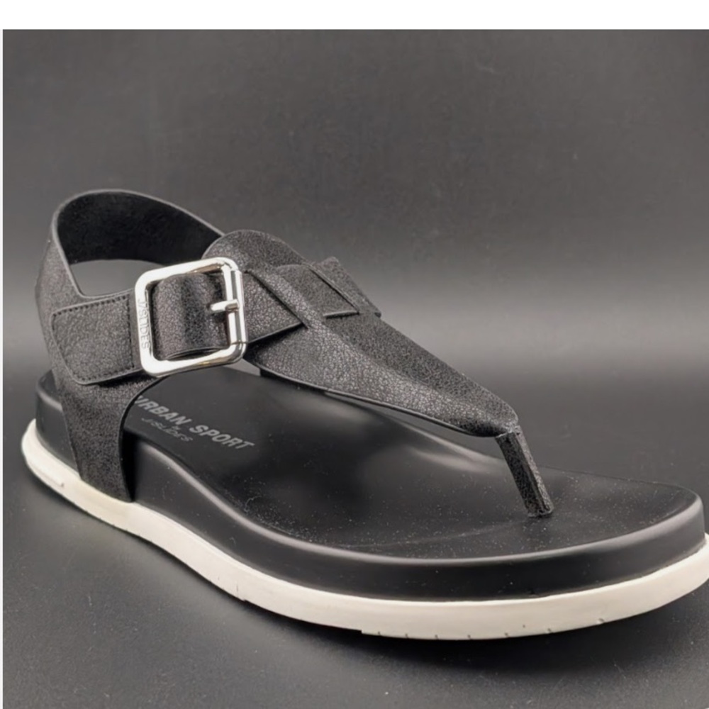 J Slides Black Sandals with Toe Thong and Silver Buckle